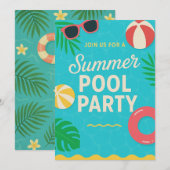 Summer Pool Party Invitation | Bright Tropical Kaart (Voorkant / Achterkant)