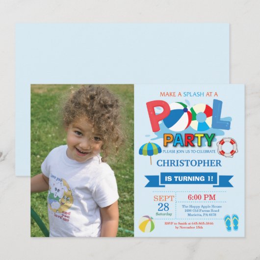 Summer Pool Party Invitation Splish Splash Boy Kaart (Voorkant / Achterkant)