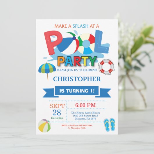 Summer Pool Party Invitation Splish Splash Boy Kaart (Staand voorkant)