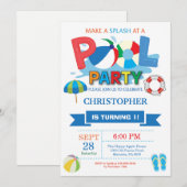 Summer Pool Party Invitation Splish Splash Boy Kaart (Voorkant / Achterkant)