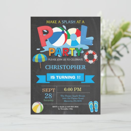 Summer Pool Party Invitation Splish Splash Boy Kaart (Staand voorkant)