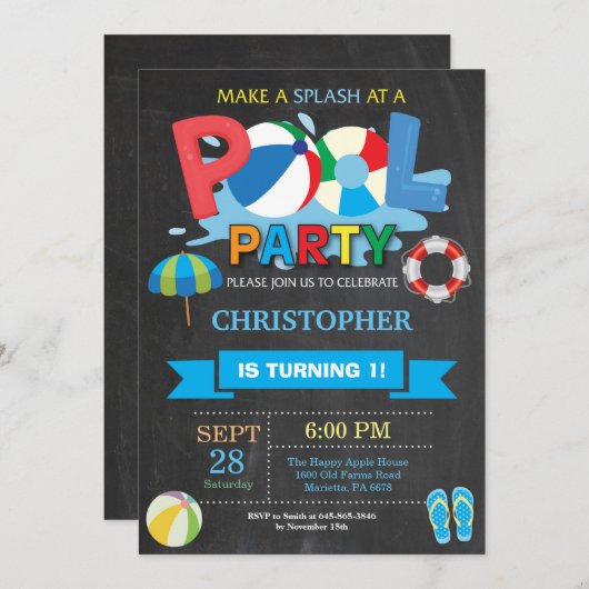 Summer Pool Party Invitation Splish Splash Boy Kaart (Voorkant / Achterkant)