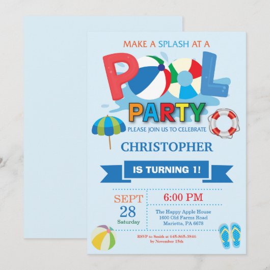 Summer Pool Party Invitation Splish Splash Boy Kaart (Voorkant / Achterkant)
