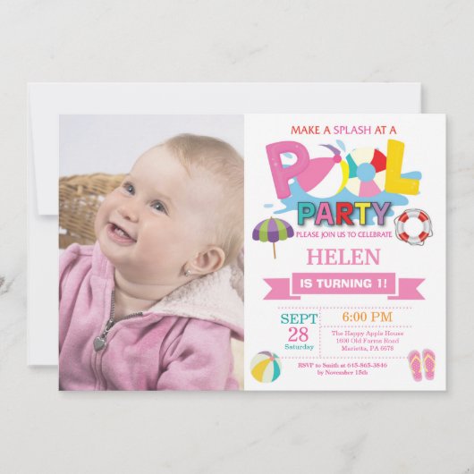 Summer Pool Party Invitation Splish Splash Girl Kaart (Voorkant)