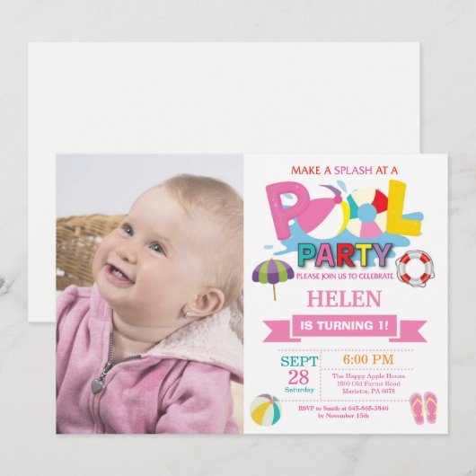 Summer Pool Party Invitation Splish Splash Girl Kaart (Voorkant / Achterkant)