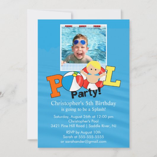 Summer POOL Party PHOTO Birthday Invitation boy Kaart (Voorkant)