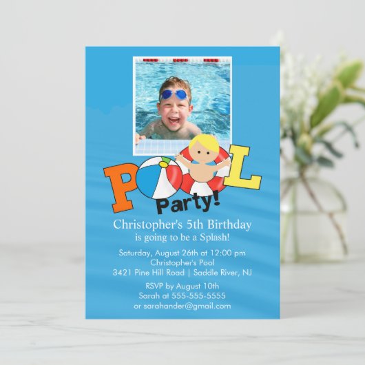 Summer POOL Party PHOTO Birthday Invitation boy Kaart (Staand voorkant)