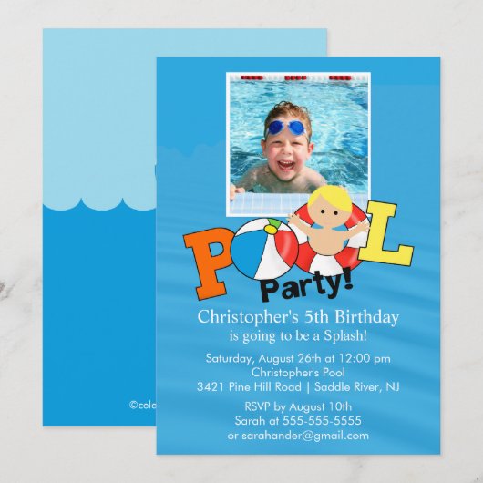 Summer POOL Party PHOTO Birthday Invitation boy Kaart (Voorkant / Achterkant)