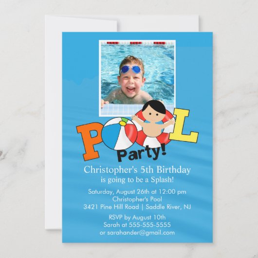 Summer POOL Party PHOTO Birthday Invitation boy Kaart (Voorkant)