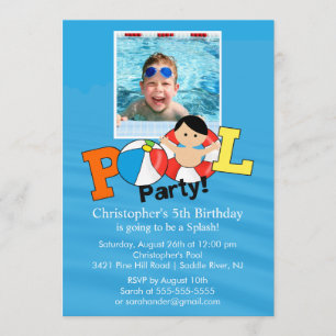 Summer POOL Party PHOTO Birthday Invitation boy Kaart