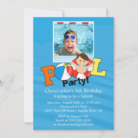 Summer POOL Party PHOTO Birthday Invitation Boy Kaart (Voorkant)