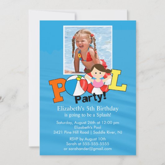Summer POOL Party PHOTO Birthday Invitation Girl Kaart (Voorkant)