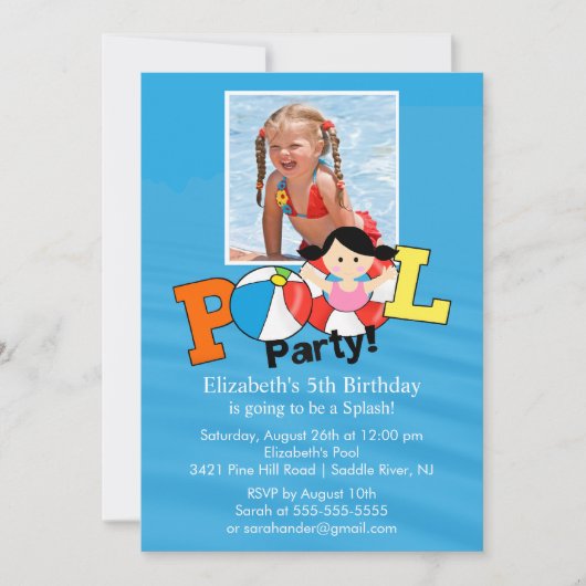 Summer POOL Party PHOTO Birthday Invitation Girl Kaart (Voorkant)