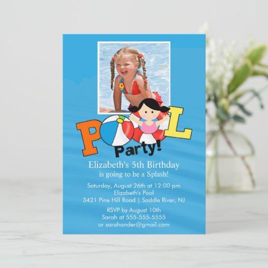 Summer POOL Party PHOTO Birthday Invitation Girl Kaart (Staand voorkant)