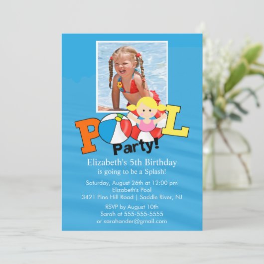 Summer POOL Party PHOTO Birthday Invitation Girl Kaart (Staand voorkant)
