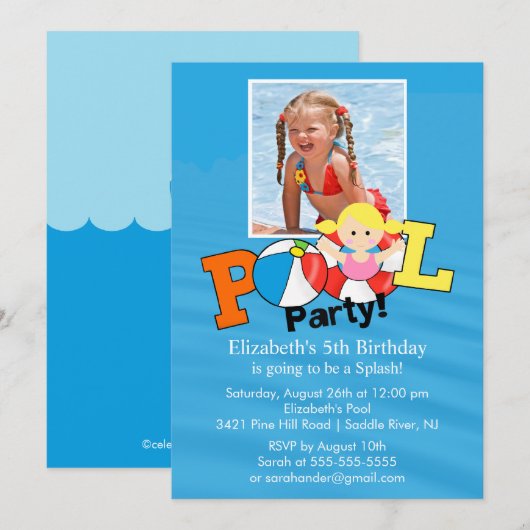 Summer POOL Party PHOTO Birthday Invitation Girl Kaart (Voorkant / Achterkant)