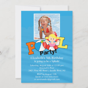 Summer POOL Party PHOTO Birthday Invitation Girl Kaart