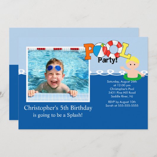 Summer POOL Party PHOTO Birthday Uitnodiging (Voorkant / Achterkant)