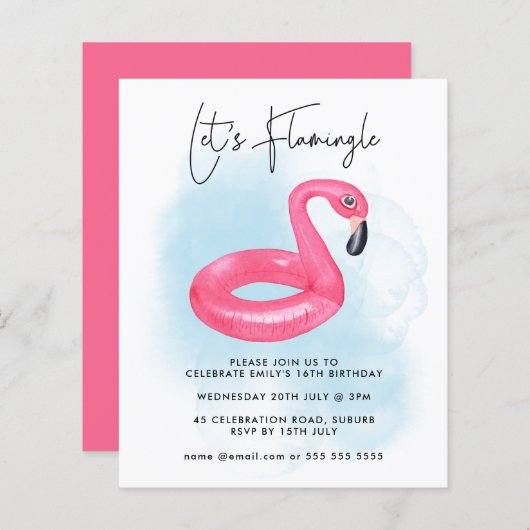 Summer Pool Party Pink Flamingo Teen Birthday Invi (Voorkant / Achterkant)