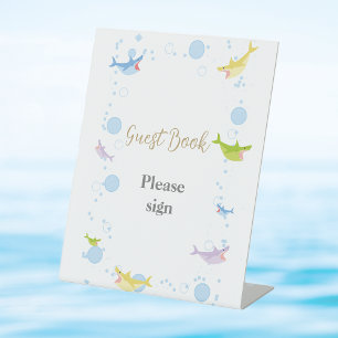Summer Pool Party Shark Float Gastenboek Reclamebord Met Voetstuk
