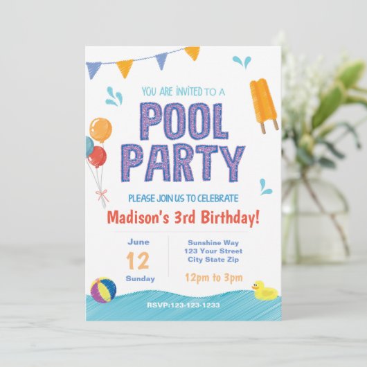 Summer Pool Party Verjaardag Uitnodigen Kaart (Staand voorkant)