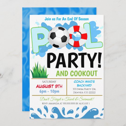 Summer Pool Soccer Party Uitnodiging (Voorkant / Achterkant)