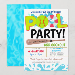 Summer Pool Softball Party Invitation Kaart