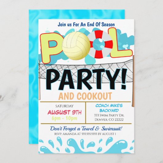 Summer Pool Volleyball Party Invitation Kaart (Voorkant / Achterkant)