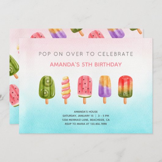 Summer popsiche-verjaarfeest kaart (Voorkant / Achterkant)
