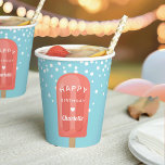 Summer Popsicle Kids Birthday Party Personalized Papieren Bekers<br><div class="desc">Deze leuke,  gepersonaliseerde papierbekertjes zijn ontworpen om aan te sluiten bij de uitnodigingen van de verjaardagsfeestjes van onze kinderen,  en bieden een felle koraalpop met de woorden "Happy Birthday [Name]" in witte retro-letters met een hart.</div>