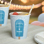 Summer Popsicle Kids Birthday Party Personalized Papieren Bekers<br><div class="desc">Deze leuke,  gepersonaliseerde papierbekertjes zijn ontworpen om aan te sluiten bij de uitnodigingen van de verjaardagsfeestjes van onze kinderen,  en bieden een fel blauw populier met de woorden "Happy Birthday [Name]" in witte retrorettering met een hart.</div>