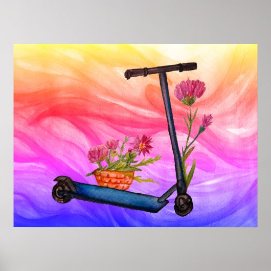 Summer Poster Push Scooter Floral Art (Voorkant)