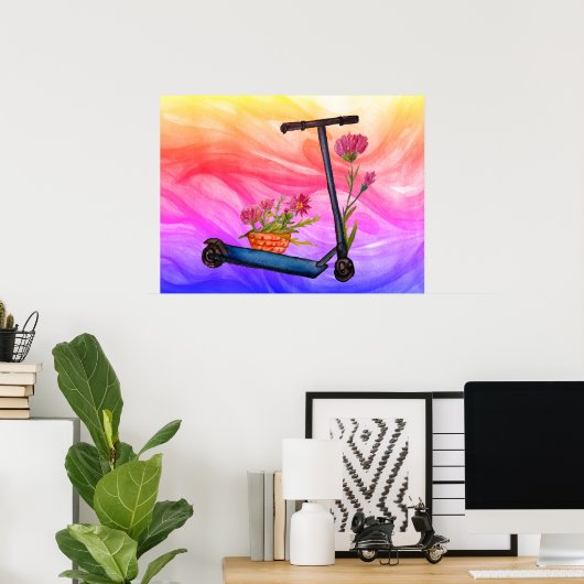 Summer Poster Push Scooter Floral Art (Thuiskantoor)