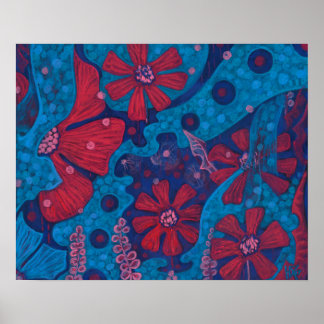 Summer Rain Fantasy Flowers Blue Pink Floral Art Poster