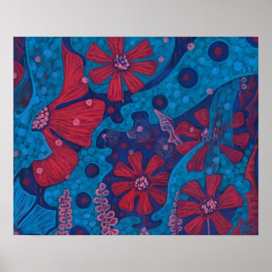 Summer Rain Fantasy Flowers Blue Pink Floral Art Poster (Voorkant)