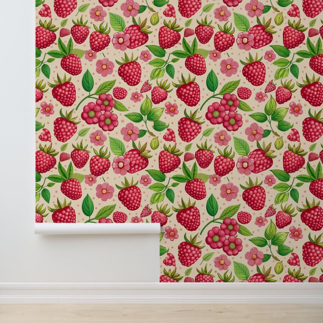 Summer Raspberry Garden Botanical Fruit Pattern Behang (Applicatie)