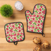 Summer Raspberry Garden Botanical Fruit Pattern Ovenwant & Pannenlap Set (Top down)