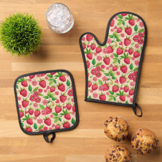 Summer Raspberry Garden Botanical Fruit Pattern Ovenwant & Pannenlap Set