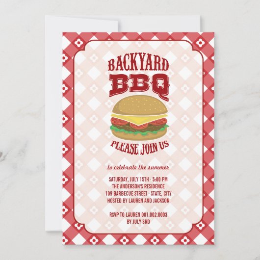 Summer Red Gingham Fun Backyard Barbeque BBQ Party Kaart (Voorkant)