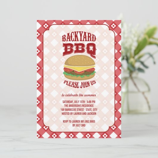 Summer Red Gingham Fun Backyard Barbeque BBQ Party Kaart (Staand voorkant)