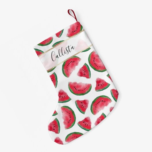 Summer Red Green Watermelon Waterverf Pattern Kleine Kerstsok (Achterkant (Hangend))