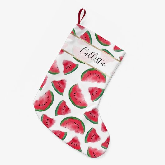 Summer Red Green Watermelon Waterverf Pattern Kleine Kerstsok (Voorkant (Hangend))