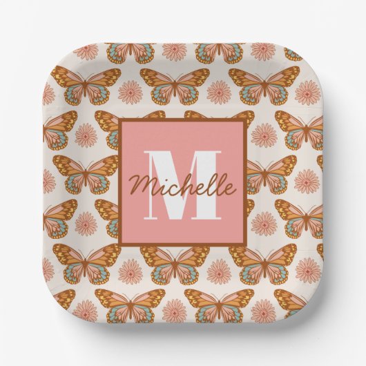 Summer Retro Butterfly | Monogrampapier — Borden Papieren Bordje (Voorkant)