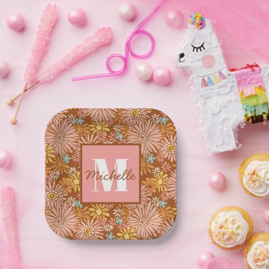 Summer Retro Flower | Monogrampapier — Borden Papieren Bordje (Feest)