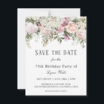 Summer Roos Floral 75th Birthday Save the Date<br><div class="desc">Stuur de Datumkaarten op zodat uw gasten uw feest of evenement kunnen plannen. Hier getoond voor een 75e verjaardagsfeestviering, kunt u deze tekst personaliseren, hoe u ook kiest. Mooie roze rozen en gemengde tuinbloemen maken dit ontwerp zo mooi vrouwelijk en fris. De roze rozen, gemengde bloemen en groen omringen jouw...</div>