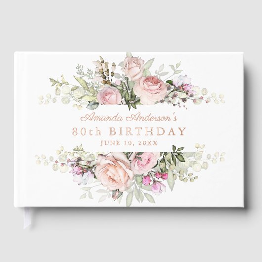 Summer Rose Garden Pink Floral 80th Birthday Gastenboek (Voorkant)