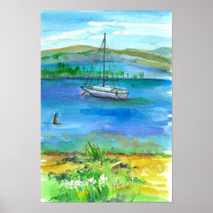 Summer Sailing Mountain Lake Waterverf Poster