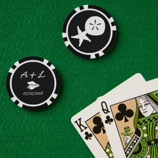 Summer Seashells in Black Poker Chips (Pokertafel (Dubbel))