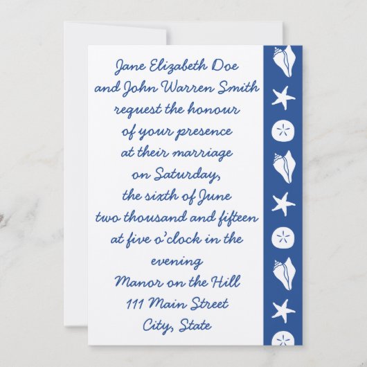 Summer Seashells in Blue Wedding Invitation Kaart (Voorkant)