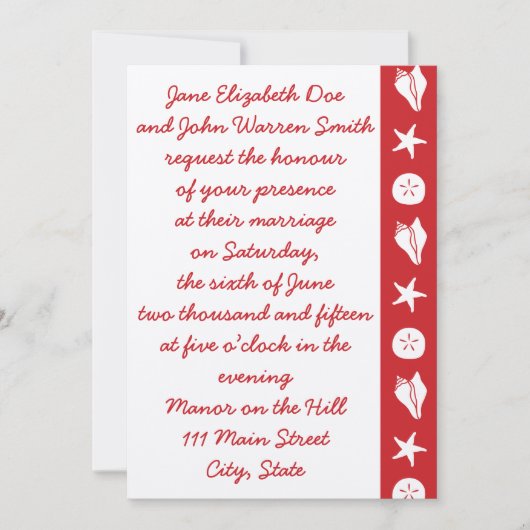 Summer Seashells in Cherry Wedding Invitation Kaart (Voorkant)